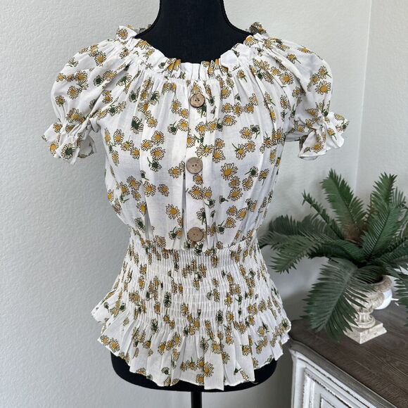 Daisy Floral Print Ruched Blouse Puff Sleeves Juniors XL Right Hippie Blouse - Picture 1 of 11